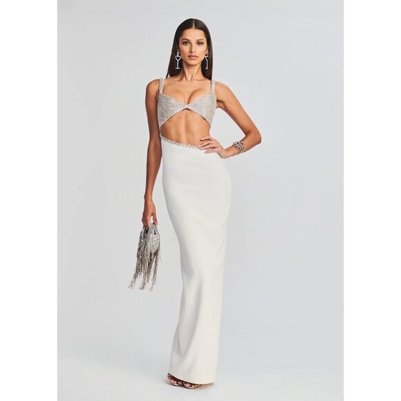 retrofete Fernanda Embellished Asymmetric Maxi Dress White/Silver Womens Size Sm - Picture 2 of 16